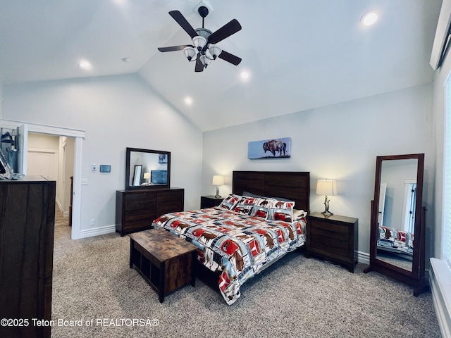 61 Astorian Ln, Smoot, WY 83126 - bedroom featuring carpet flooring, baseboards, high vaulted ceiling, recessed lighting, and a ceiling fan