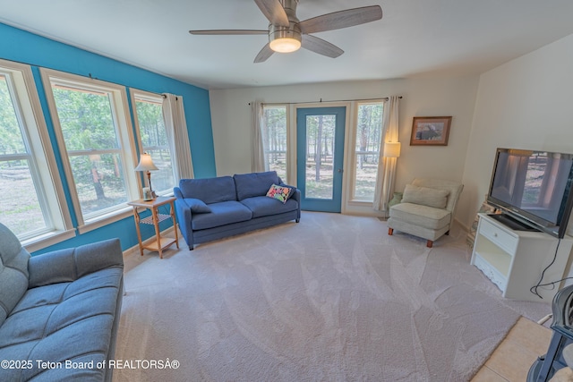 4515 Weslin Trl, Island Park, ID 83429 - carpeted living room with healthy amount of natural light, a ceiling fan, and baseboards