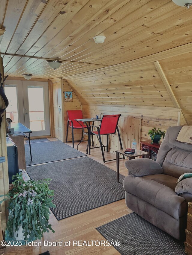 31 Cutoff Rd, Daniel, WY 83115 - living room with wood ceiling, vaulted ceiling, wooden walls, and wood finished floors