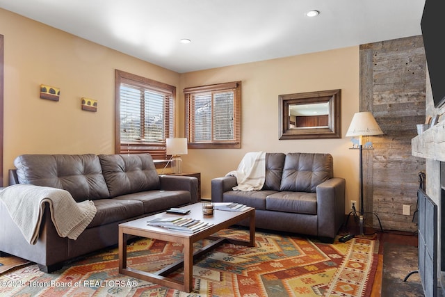 3670 W Michael Dr Unit E-21-E, Teton Village, WY 83025 - living room featuring a fireplace with flush hearth and recessed lighting