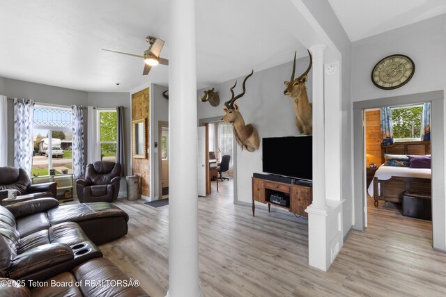 366 E 5th Ave, Afton, WY 83110 - living room with decorative columns, light wood-style flooring, plenty of natural light, and ceiling fan