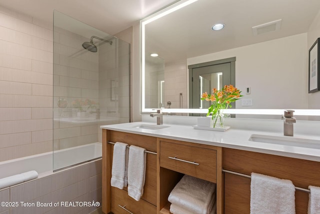 3335 W Villlage Dr Unit 201/203, Teton Village, WY 83025 - full bath featuring tiled shower / bath, double vanity, and recessed lighting