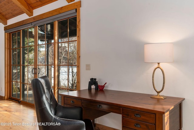 19 Moulton Ln, Victor, ID 83422 - office area featuring wood ceiling with exposed beams and light wood-style floors