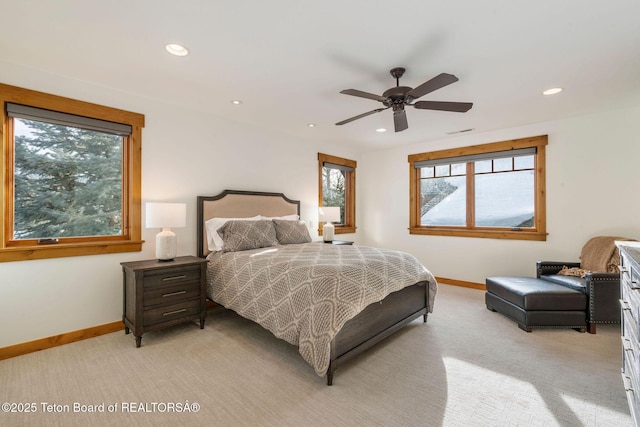 19 Moulton Ln, Victor, ID 83422 - bedroom with light carpet, baseboards, recessed lighting, and ceiling fan