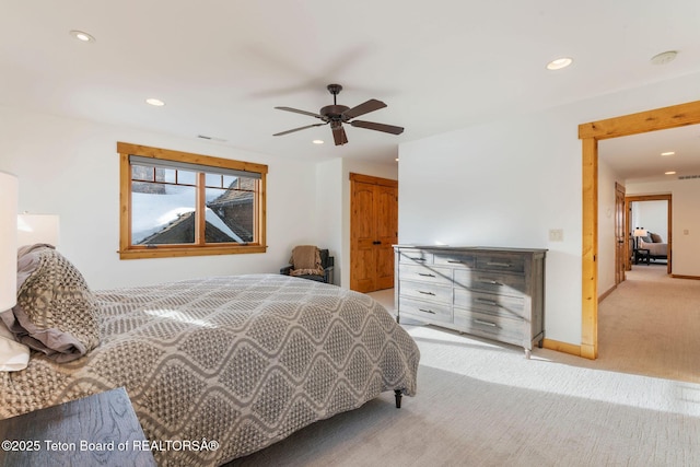 19 Moulton Ln, Victor, ID 83422 - bedroom with light carpet, recessed lighting, ceiling fan, and baseboards