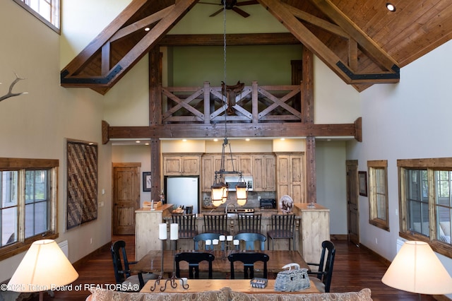 4641 N River Hollow Dr, Ashton, ID 83420 - dining space with high vaulted ceiling, baseboards, dark wood-style flooring, a ceiling fan, and beam ceiling