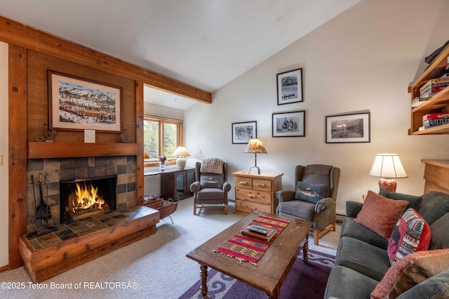 3665 N Teton Dr Unit 623, Wilson, WY 83014 - living room featuring a fireplace, carpet flooring, and a baseboard heating unit