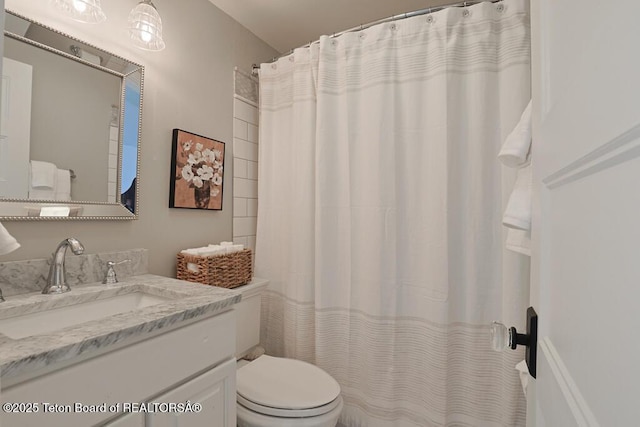 bathroom featuring toilet, vanity, and curtained shower