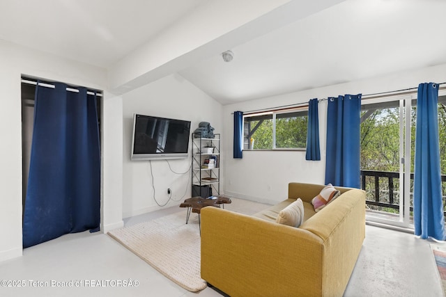 2077 Highland Way, Victor, ID 83455 - living room featuring vaulted ceiling and finished concrete floors