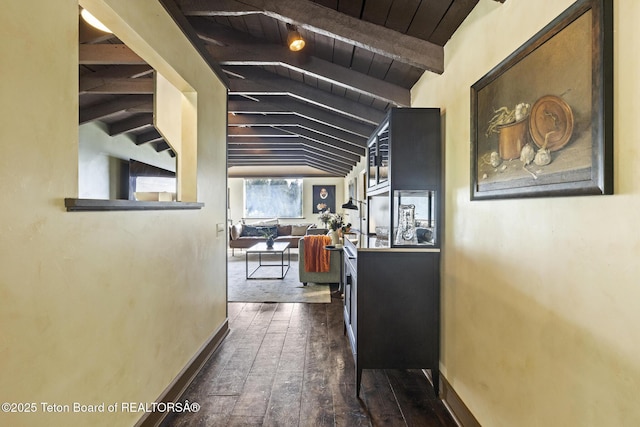2077 Highland Way, Victor, ID 83455 - hallway with dark wood-style floors and wood ceiling