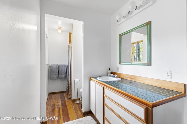 2077 Highland Way, Victor, ID 83455 - bathroom with hardwood / wood-style flooring, vanity, and curtained shower
