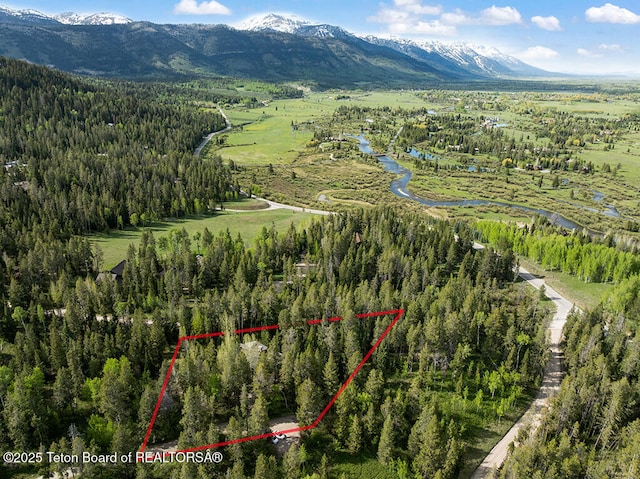 5725 W Caddis Fly Dr, Wilson, WY 83014 - aerial view of property and surrounding area featuring mountains and property boundaries highlighted