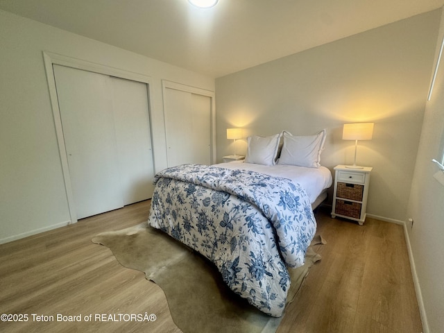 385 N Glenwood St, Jackson, WY 83001 - bedroom featuring two closets, wood finished floors, and baseboards