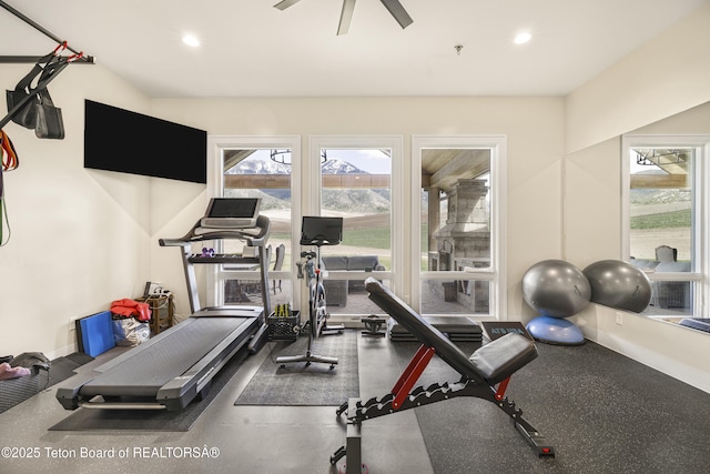2399 Chapel Rd, Swan Valley, ID 83449 - workout room featuring recessed lighting, a ceiling fan, and baseboards