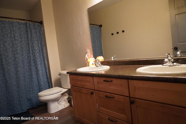 418 Par Ave, Pinedale, WY 82941 - bathroom with double vanity, toilet, wood finished floors, and curtained shower