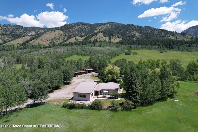 216 County Road 179s, Thayne, WY 83127 - aerial view of property and surrounding area featuring a heavily wooded area and a mountain backdrop