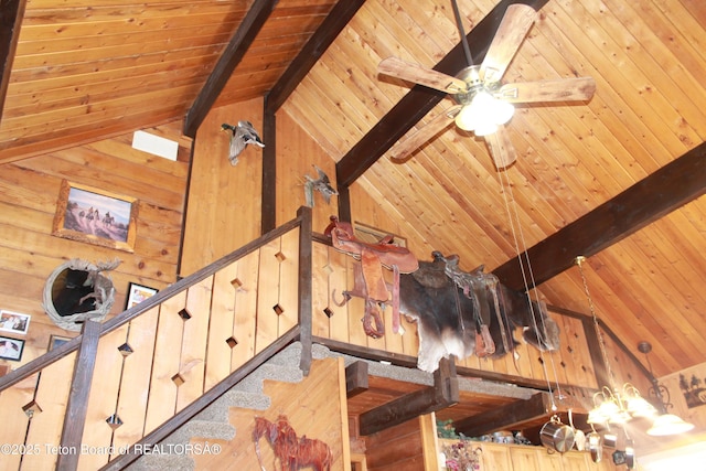 588 S Oak St, Labarge, WY 83123 - detailed view of wood ceiling with exposed beams, wooden walls, and a ceiling fan