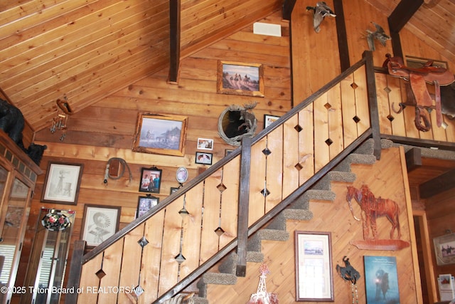 588 S Oak St, Labarge, WY 83123 - staircase with wooden walls, wooden ceiling, and wood finished floors