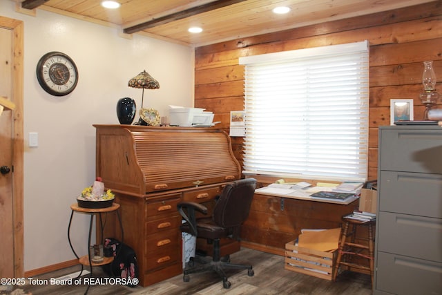 588 S Oak St, Labarge, WY 83123 - office space with recessed lighting, wood finished floors, wooden ceiling, and wooden walls