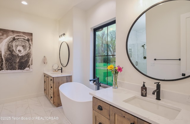 358 Solitude Ln, Tetonia, ID 83452 - full bathroom with a shower stall, a soaking tub, marble finish floors, and two vanities