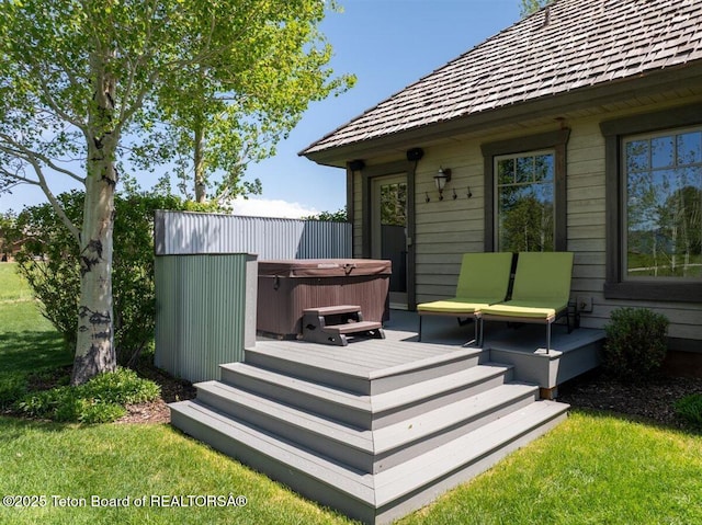 62 Hastings Dr, Victor, ID 83455 - wooden terrace featuring a hot tub and a yard