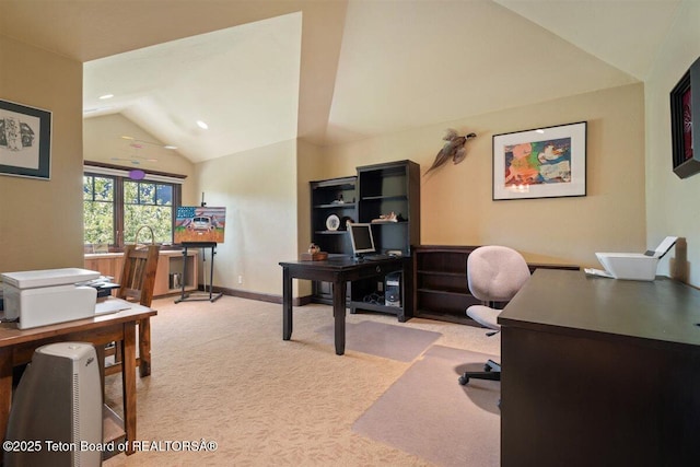 62 Hastings Dr, Victor, ID 83455 - home office featuring vaulted ceiling, light colored carpet, and recessed lighting