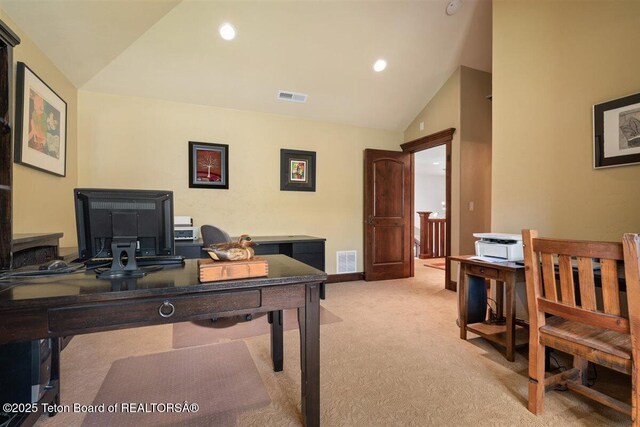 62 Hastings Dr, Victor, ID 83455 - office area with vaulted ceiling, light carpet, baseboards, and recessed lighting