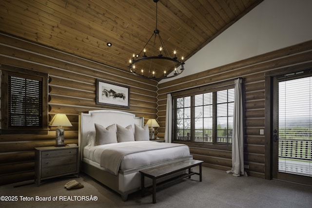 88 Blackfoot Trl, Victor, ID 83455 - carpeted bedroom with log walls, a chandelier, access to outside, wood ceiling, and high vaulted ceiling