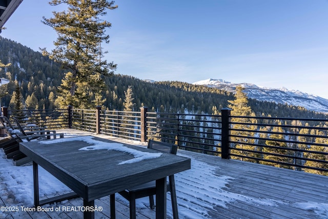 6960 Lupine Trl, Wilson, WY 83001 - snow covered deck featuring a forest view and a mountain view