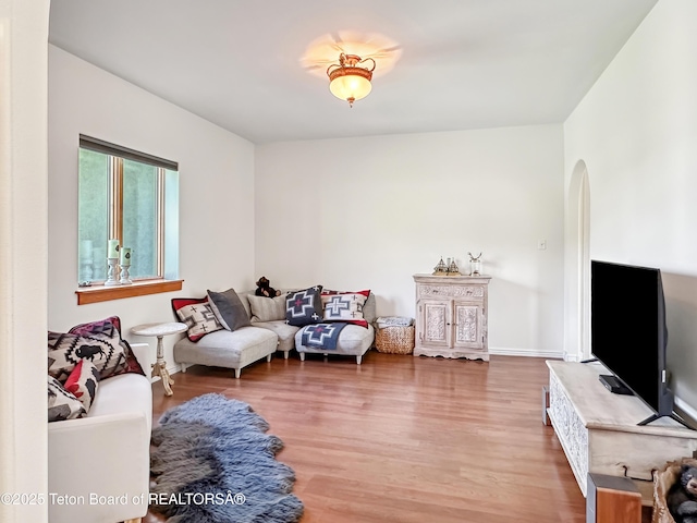 33 Wagon Rut Ln, Auburn, WY 83111 - living area featuring wood finished floors and arched walkways