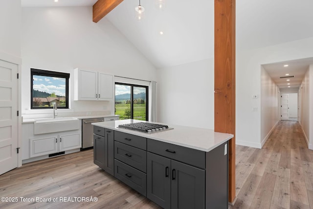 185 Columbine St, Alpine, WY 83128 - kitchen with a sink, stainless steel appliances, beam ceiling, white cabinets, and light wood finished floors