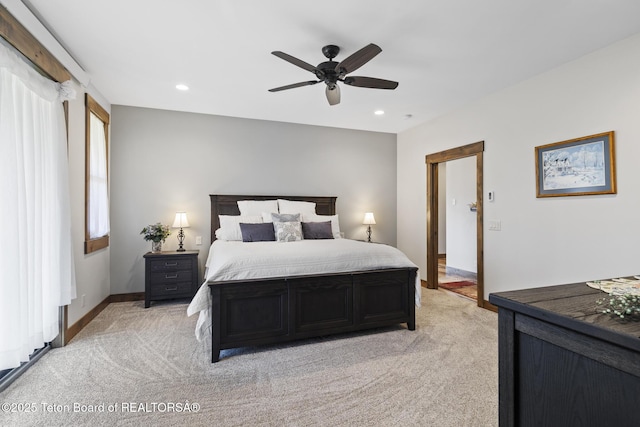 444 Riverview Dr, Alpine, WY 83128 - bedroom with light carpet, recessed lighting, baseboards, and ceiling fan
