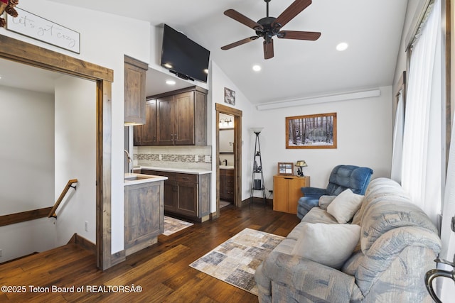 444 Riverview Dr, Alpine, WY 83128 - living area featuring vaulted ceiling, ceiling fan, dark wood-style floors, recessed lighting, and baseboards