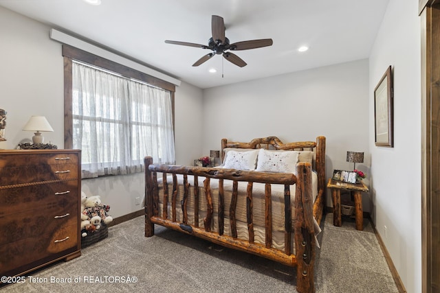 444 Riverview Dr, Alpine, WY 83128 - bedroom featuring carpet, baseboards, recessed lighting, and a ceiling fan
