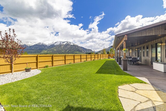 444 Riverview Dr, Alpine, WY 83128 - view of yard with a mountain view, ceiling fan, and a patio
