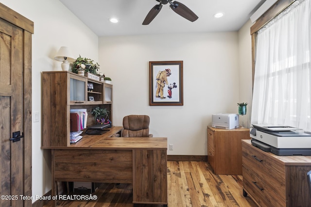444 Riverview Dr, Alpine, WY 83128 - office featuring wood finished floors, ceiling fan, baseboards, and recessed lighting