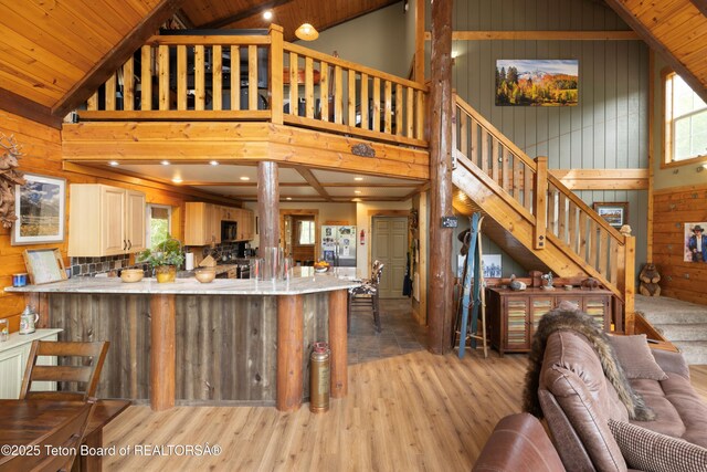 57 Lynx Trl, Alpine, WY 83128 - kitchen featuring high vaulted ceiling, wooden walls, plenty of natural light, light wood finished floors, and wood ceiling
