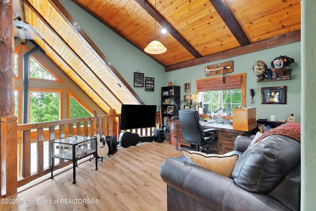 57 Lynx Trl, Alpine, WY 83128 - home office featuring wooden ceiling with exposed beams, wood finished floors, and high vaulted ceiling