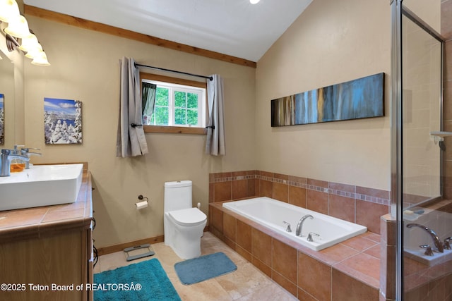 57 Lynx Trl, Alpine, WY 83128 - full bathroom featuring a bath, double vanity, vaulted ceiling, a shower stall, and toilet