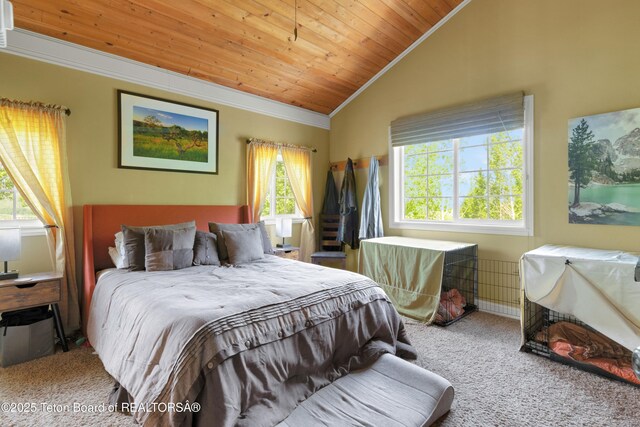 57 Lynx Trl, Alpine, WY 83128 - bedroom featuring carpet floors, lofted ceiling, wood ceiling, and crown molding