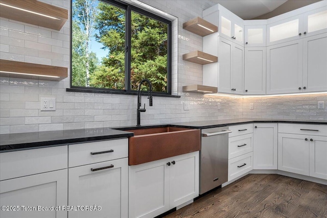 5727 Forest Ridge Rd, Victor, ID 83455 - kitchen with open shelves, stainless steel dishwasher, tasteful backsplash, and white cabinets