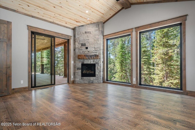 5727 Forest Ridge Rd, Victor, ID 83455 - unfurnished living room featuring wood finished floors, wood ceiling, and a fireplace