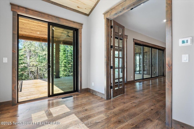 5727 Forest Ridge Rd, Victor, ID 83455 - doorway featuring vaulted ceiling and wood finished floors