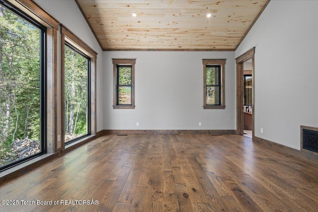 5727 Forest Ridge Rd, Victor, ID 83455 - unfurnished living room with lofted ceiling, wood ceiling, wood finished floors, and recessed lighting