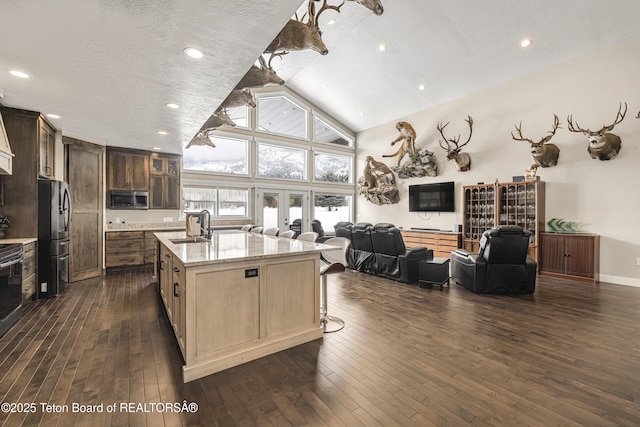 405 Vista Dr, Star Valley Ranch, WY 83127 - kitchen featuring stainless steel appliances, open floor plan, a sink, dark wood-style floors, and light stone countertops