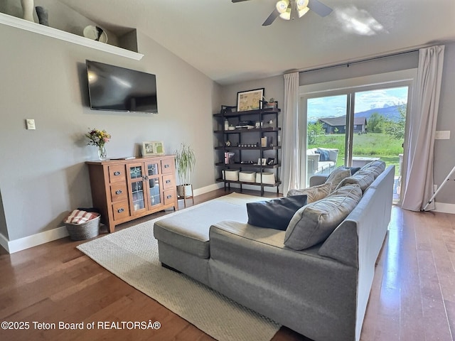 461 Booshway St, Driggs, ID 83422 - living room featuring wood finished floors, a ceiling fan, and lofted ceiling