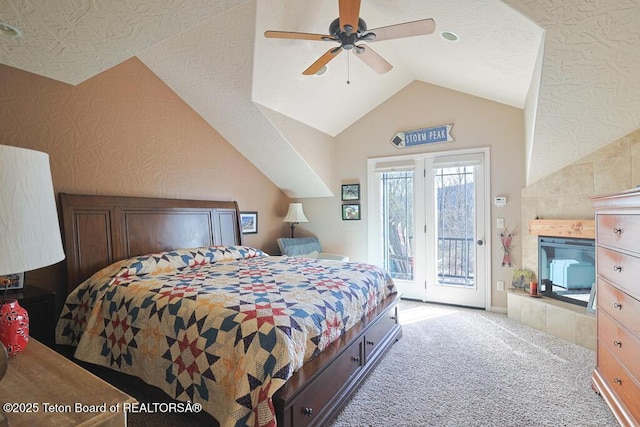 165 Cobble Creek Ln, Driggs, ID 83422 - carpeted bedroom with access to outside, vaulted ceiling, and ceiling fan