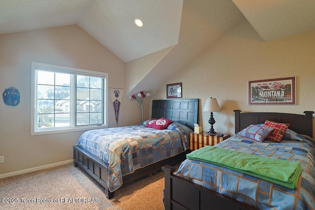 165 Cobble Creek Ln, Driggs, ID 83422 - bedroom featuring vaulted ceiling, baseboards, and carpet flooring