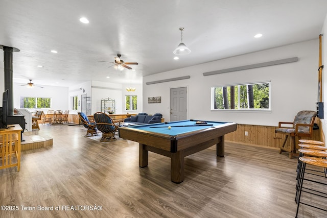279 Vista E Dr, Star Valley Ranch, WY 83127 - game room with billiards, recessed lighting, wood finished floors, a ceiling fan, and wainscoting