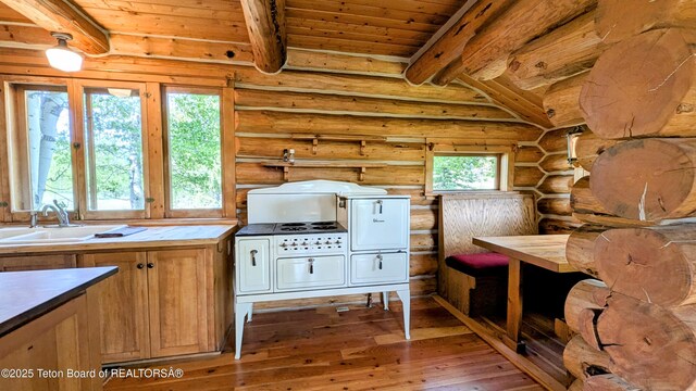 10559 Rammell Mountain Rd, Tetonia, ID 83452 - kitchen featuring light wood finished floors, wood ceiling with exposed beams, rustic walls, and a sink
